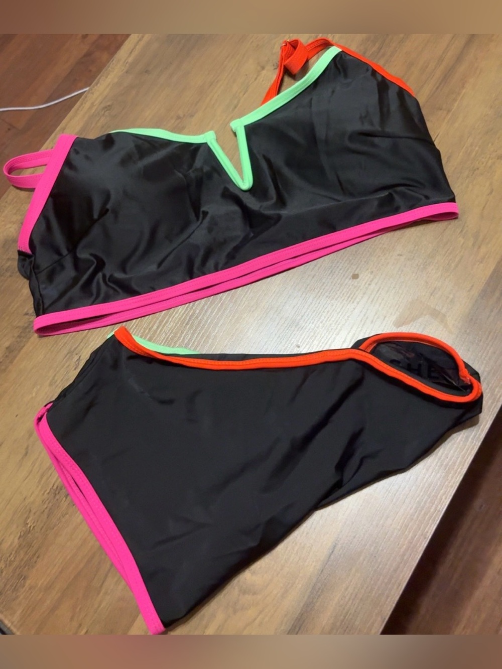 SHEIN Black Bikini Set with Pink, Green & Orange Trim